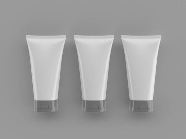 Sağlam bir arka planda beyaz kozmetik şişelerin üç boyutlu bir çizimi