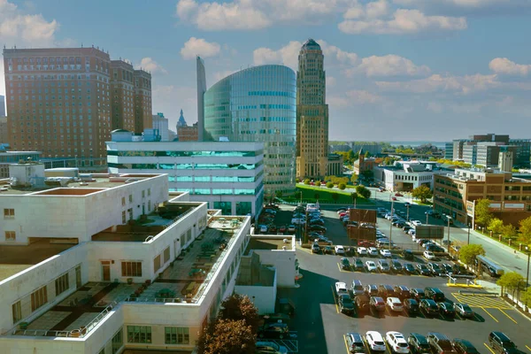 Beautiful Cityscape View Modern Office Buildings Parking Area Sunny Day — Foto de Stock