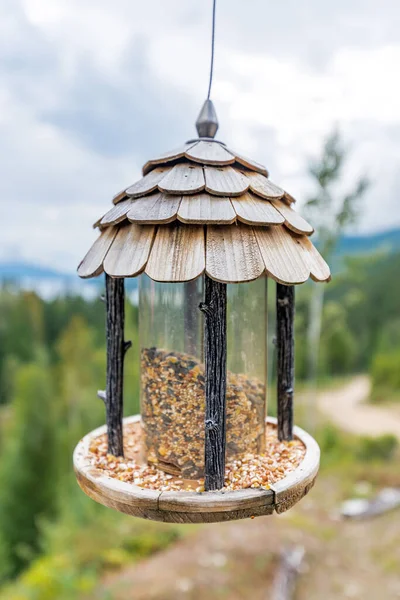 Een Verticaal Shot Van Een Vogelhuis Met Vogelvoer — Stockfoto