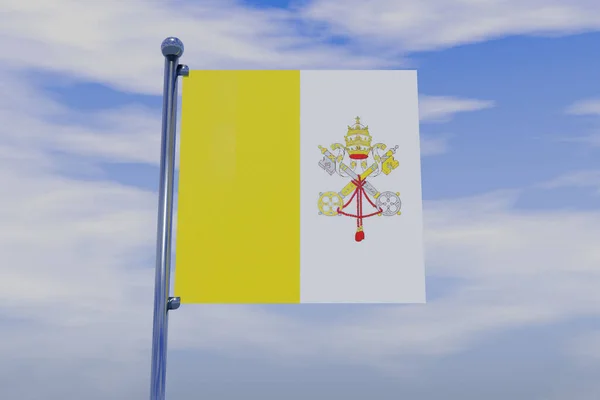 罗马教廷 梵蒂冈城邦 旗帜的三维图解 其彩色旗杆在蓝天上有突起的钩子 — 图库照片