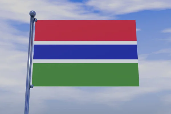 ガンビアの旗の3Dイラストで 青いスカイラインにスナップフック付きのクロムフラグポールがあります — ストック写真