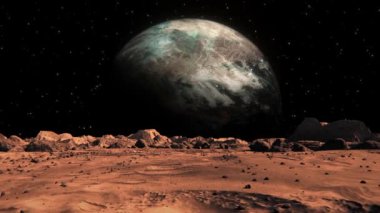 Beautiful footage of a space planet seen from Mars with small rocks and red sand
