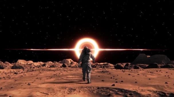 Render Astronaut Walking Surface Mars Supermassive Black Hole Front — Stock videók