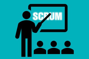 SCRUM proje yönetim metodu kavramındaki SCRUM metnine işaret eden insan simgesinin bir çizimi