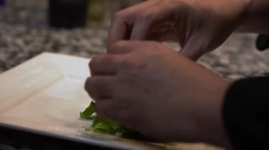 Profesyonel bir aşçının beyaz tabağa yeşil salata eklerken yakın plan fotoğrafı.