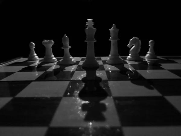 Black White Shot Chessboard Pieces Dark Background — Stock Photo, Image