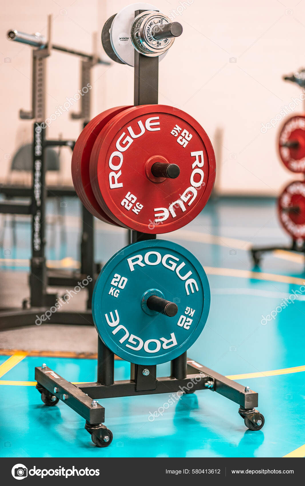Vertical Shot Rogue Blue Red Weights Gym Rack Stock Editorial Photo wirestock creators 580413612