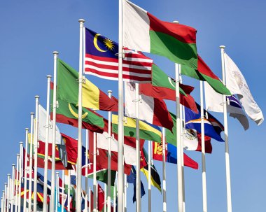 Dubai 2020 Fuarı sırasında farklı ülkelerin bayrak sallamaları.