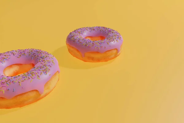 Twoo Donut Pink Icing Sprinkles Rendering Yellow Background — Stock Photo, Image