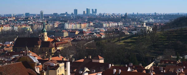 Aerial Shot Colorful Prague Cityscape Historic Buildings Clear Blue Sky — Stock Photo, Image