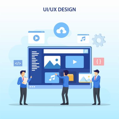 UI UX tasarımı üzerinde çalışan çizgi film karakterlerinin vektör tasarımı