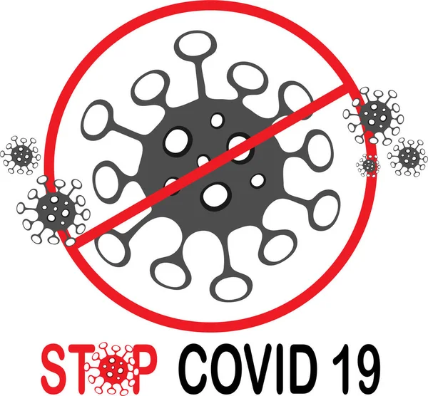 コロナウイルスのベクターデザインは 白い背景に隔離された黒と赤でStop Covid 19のテキストを持つ注意サイン — ストックベクタ