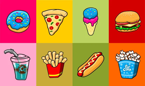 Illustrazione Vettoriale Icone Fast Food Sfondi Colorati — Vettoriale Stock