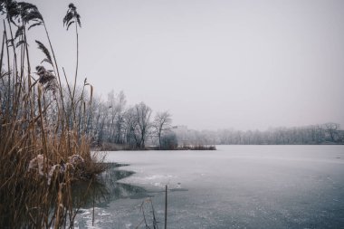 Kış boyunca güzel bir gölün havadan çekilmiş görüntüsü.