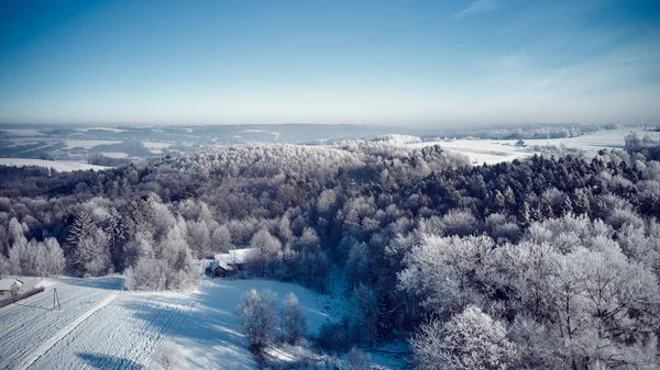 Una Toma Aérea Maravilloso Bosque Invierno Una Casa Mañana —  Fotos de Stock