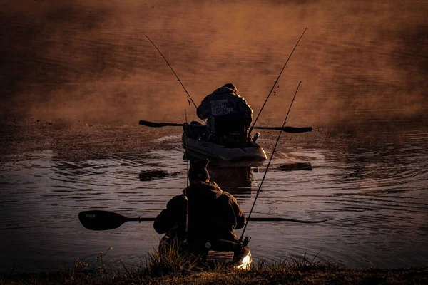Two Young Men Fishing Calm Lake Boats — Stock Photo, Image