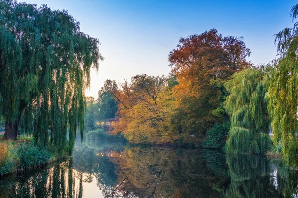 カラフルな木々と川と秋の公園の美しい景色 — ストック写真