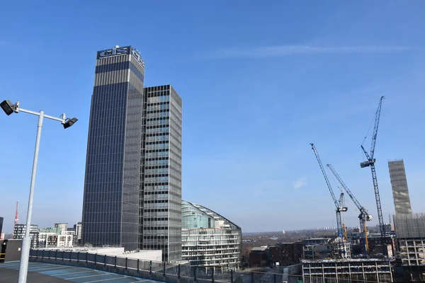 Uno Scenario Edifici Urbani Nuove Costruzioni Con Gru Manchester Inghilterra — Foto Stock