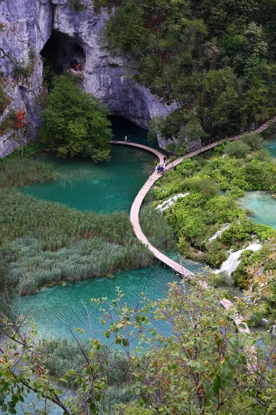 Вертикальний Постріл Вигнутої Доріжки Водоспадах Всесвітньо Відомих Озеро Плівіце Хорватія — стокове фото