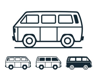 Ulaşım, kamp ya da karavan yaşamı için dört versiyonu olan koyu siyah çizgili klasik bir minibüs - simge çizimi