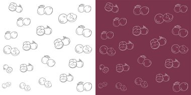 Erik meyvesi desenli bir grup yarım erik ve bir dilim, beyaz ve mor bir arka planda izole edilmiş..