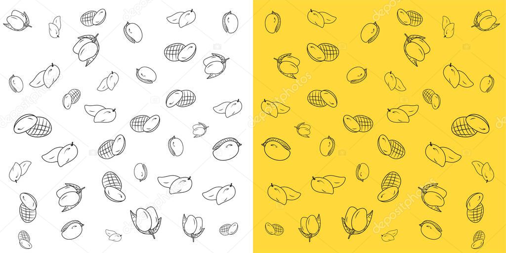 Yellow  mango doodle pattern background. Exotic Realistic  fruits doodle icon. with two background.