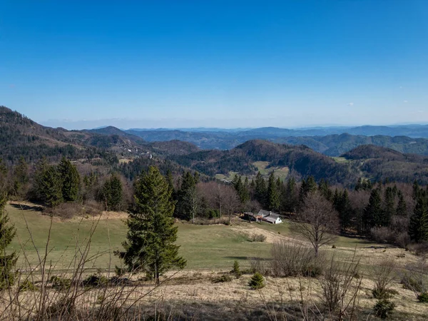 Een Gebouw Het Groene Landschap Met Bomen Sloveense Alpen — Stockfoto