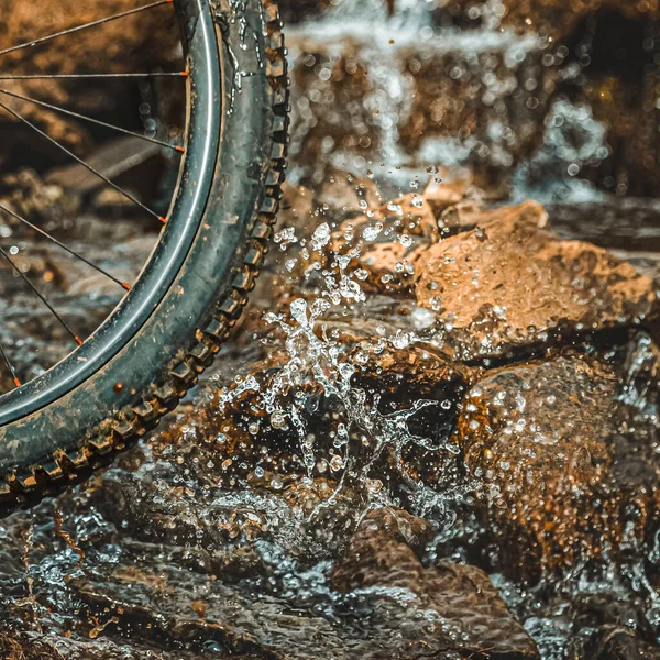 Close Uma Roda Bicicleta Montanha Passando Por Córrego — Fotografia de Stock