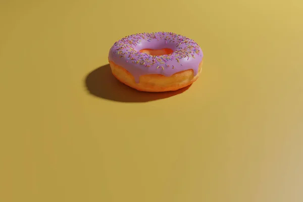 Donut Con Glaseado Rosa Aspersiones Fondo Amarillo Renderizado — Foto de Stock
