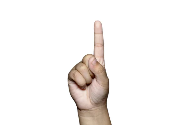 Closeup Boy Raising One Finger White Background — Stock Photo, Image