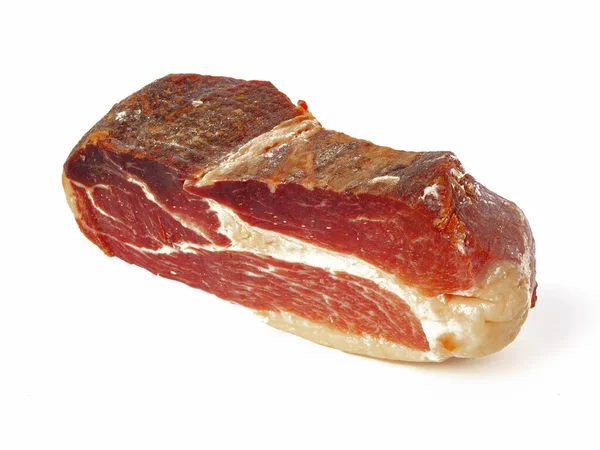 Carne Jamon Sfondo Bianco Macro Isolata — Foto Stock