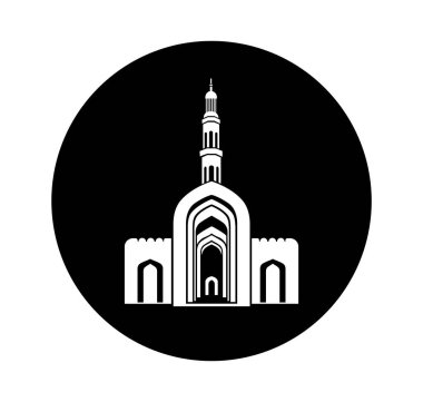 Sultan Qaboos Büyük Cami vektör simgesi. Sultan Qaboos Büyük Cami vektör ilüstrasyonu, Sultan Qaboos Büyük Cami ön kapısı siyah beyaz