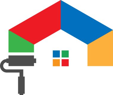 Beyaz arka planda bir ev simgesini boyayan bir boya silindirinin vektörü - ev onarım kavramı