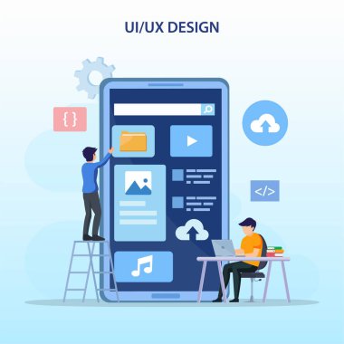UI UX tasarımı üzerinde çalışan çizgi film karakterlerinin vektör tasarımı