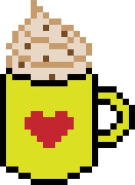 Beyaz arka planda çırpılmış kremayla dolu pikselli bir kupanın vektör çizimi