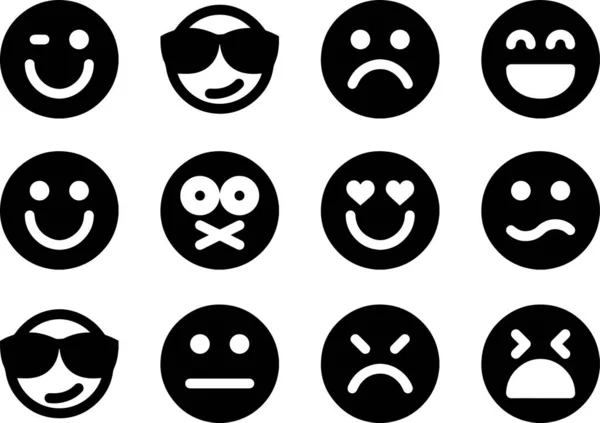 Conjunto Vetorial Emojis Pretos Com Várias Emoções Isoladas Fundo Branco — Vetor de Stock