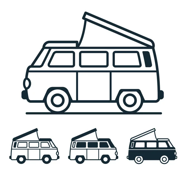 Vintage Van Podróży Kempingu Namiotem Białym Tle Czterech Wersjach Kolekcja — Wektor stockowy