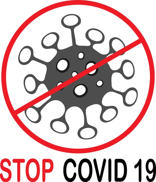 コロナウイルスのベクトルデザイン白い背景に黒と赤でStop Covid 19のテキストと注意サイン — ストックベクタ
