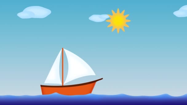 循环动画 在海里航行的船 在海上航行的小船的卡通般的动画 日以继夜的变化 — 图库视频影像