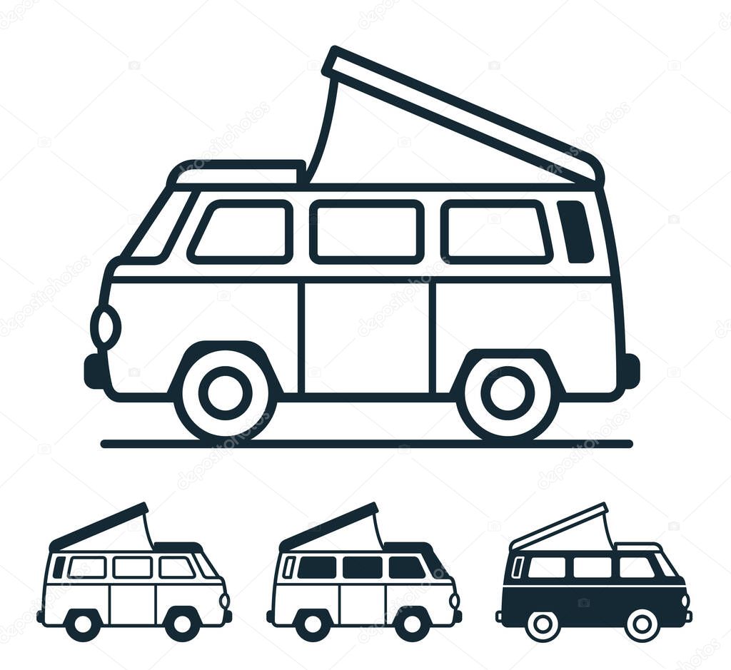 Vintage van for travel and camping with roof tent on white background in four versions - vector icon collection
