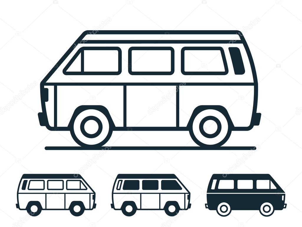 Vintage van with bold black outlines for transportation, camping or van life - icon set vector illustration