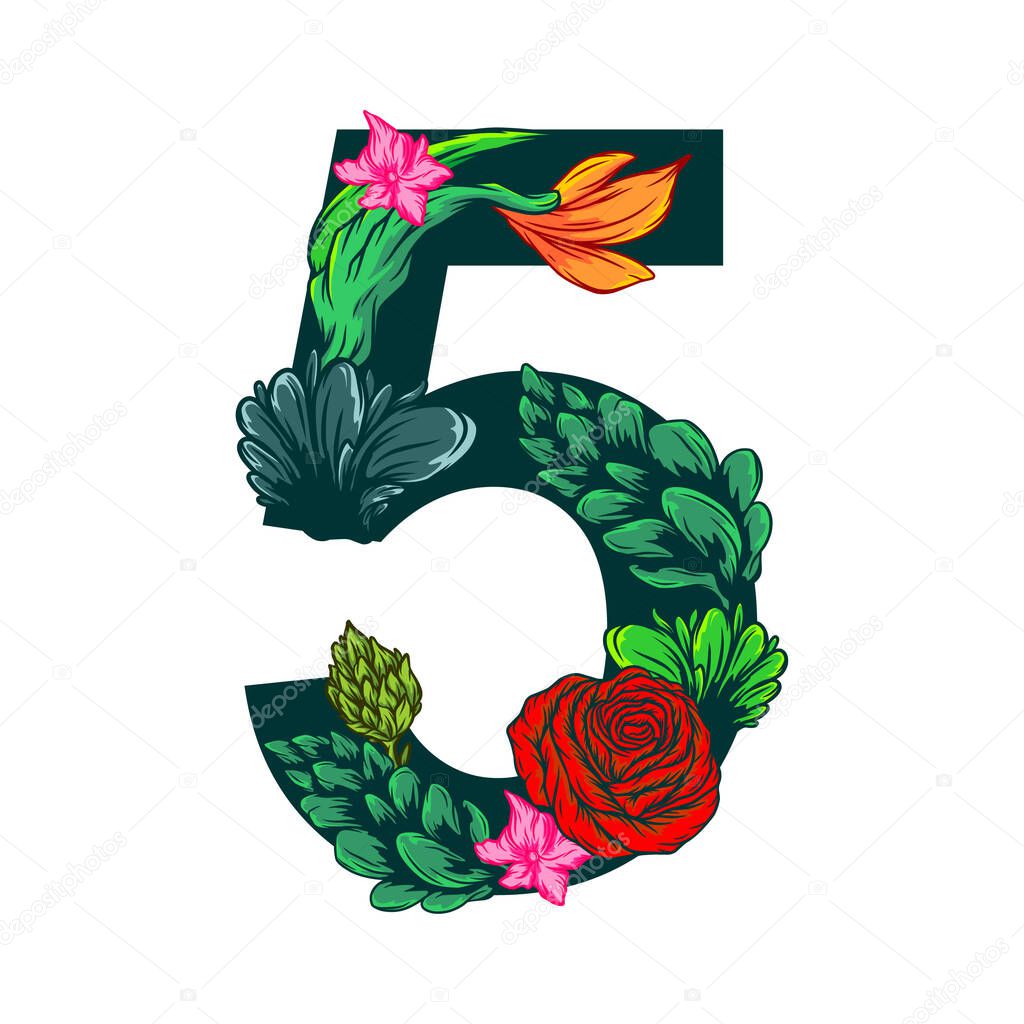 The number five with floral pattern isolated on white background. Scalable Vector Graphics.