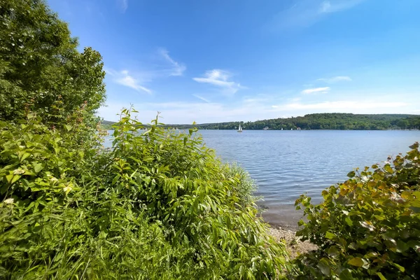 Belo Lago Moehnesee Com Árvores Verdes Costa Alemanha — Fotografia de Stock