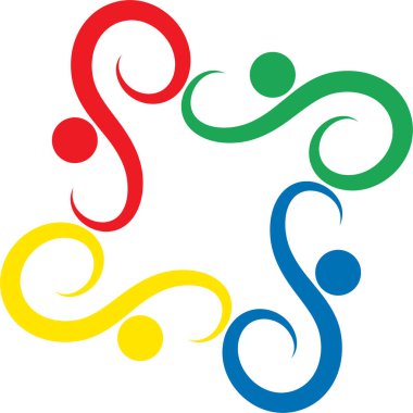 Topluluk, ağ ve sosyal logonun pembe, mavi, sarı ve yeşil renklerde beyaz arkaplanda izole edilmiş bir vektör tasarımı