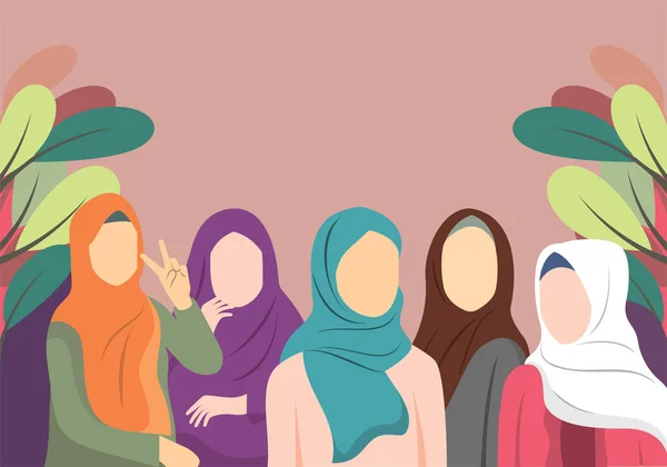 Векторная Иллюстрация Пяти Женщин Хиджабе Позирующих Перед Камерой — стоковый вектор