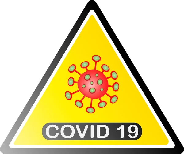 白い背景に隔離された三角形の中にCovid 19のテキストを持つコロナウイルスの警告記号のベクトルデザイン — ストックベクタ