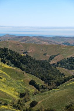 Mavi gökyüzü arka planındaki dağlık bir arazinin dikey görüntüsü