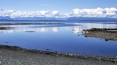 Güzel, sakin, derin mavi suyun kayalık bir sahilden okyanus manzarası ve aydınlık bir yaz gününde uzak kabarık bulutlar..