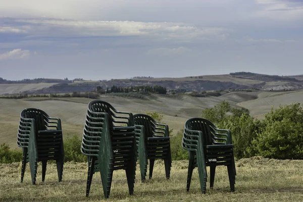 Stacks Green Chairs Grass Landscape Tuscany Background — Stock Photo, Image