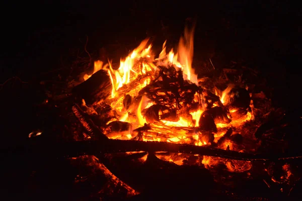 在黑暗中烧木柴的特写镜头 — 图库照片